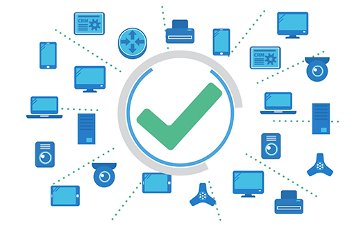 Devices on a network around a checkmark