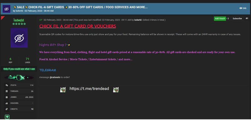 Gift cards for sale on Telegram