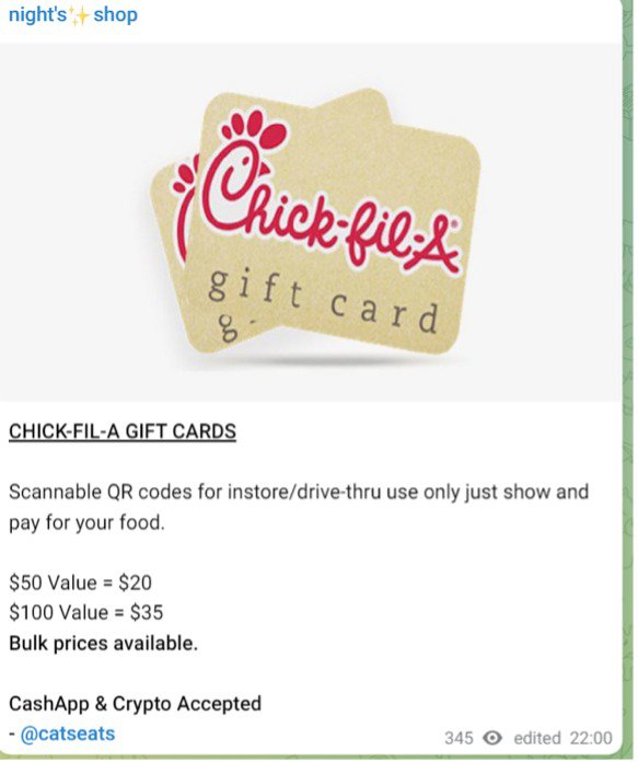 Gift cards for sale on Telegram