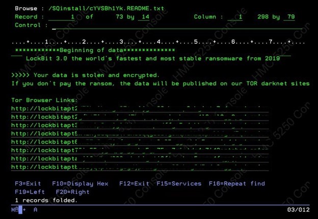 screenshot of ransomware on IBM i