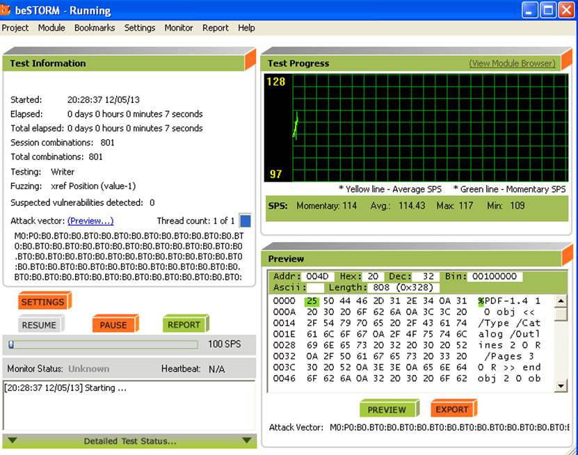 beSTORM running pdf fuzzing