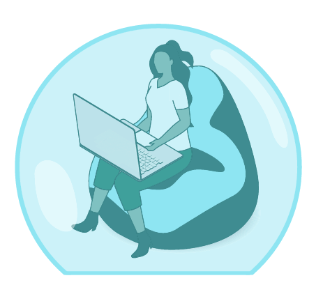 woman with laptop inside a bubble