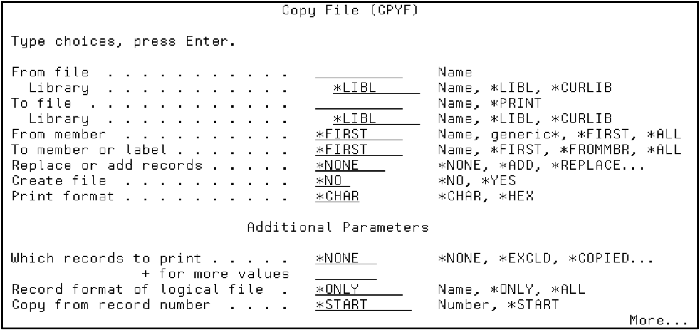 Prompt command syntax using the CPYF command then F4.