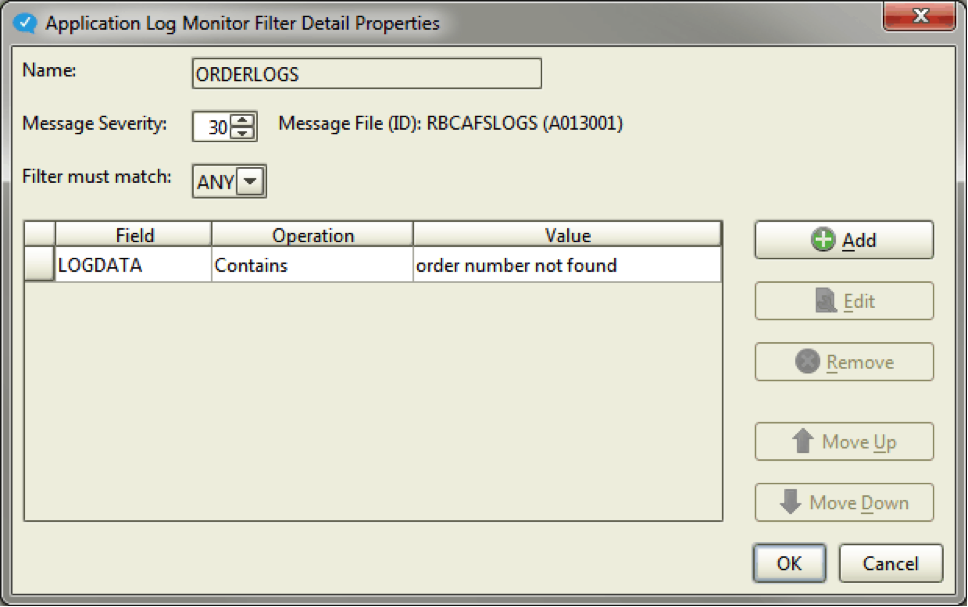 Application log monitor filter details properties in Robot CONSOLE version 6