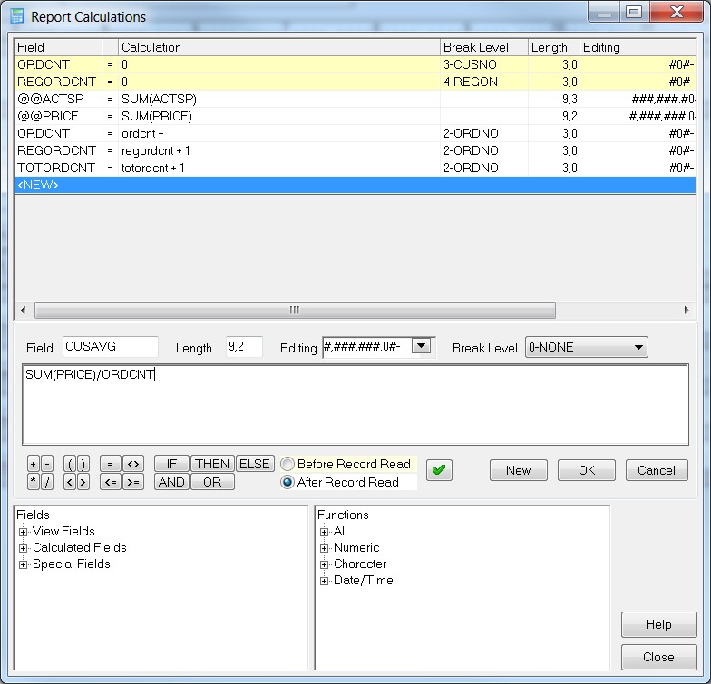 Use SUM(PRICE)/ORDCNT to average a calculation.