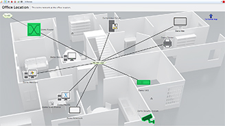 Hierarchical network maps allow you to drill into a specific office or floor sub-map, or back up into an overarching parent map.