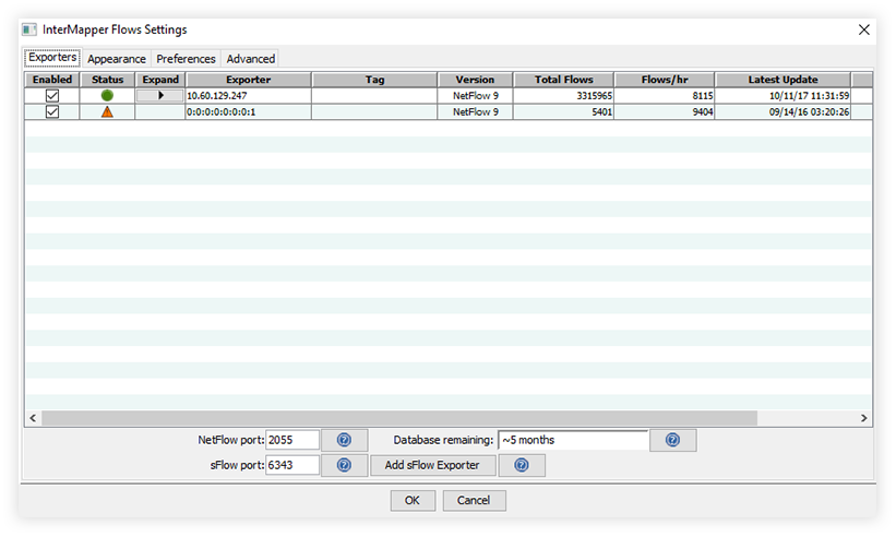 Adjust settings for Intermapper Flows in the settings window 