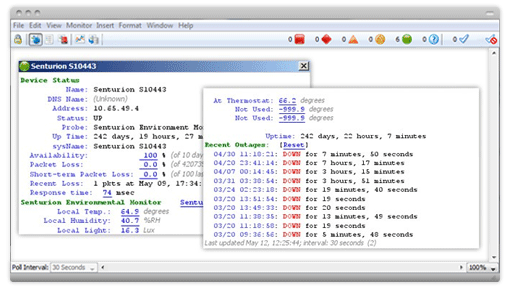 Intermapper device status windows show uptime, availability, packet loss, and more network monitoring data