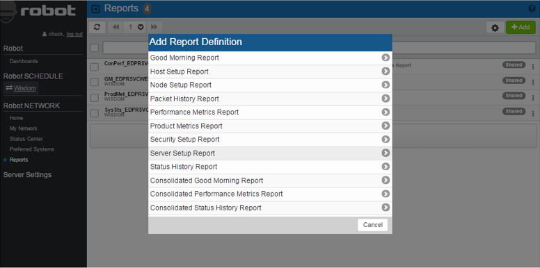 Predefined reports available in the Robot NETWORK web interface