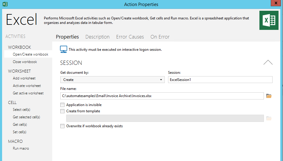 Create Excel file with email attachments