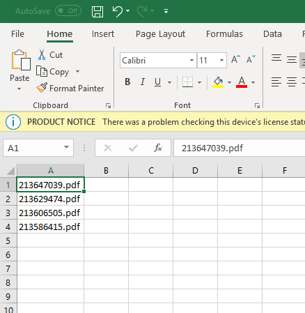 Excel file with invoice numbers