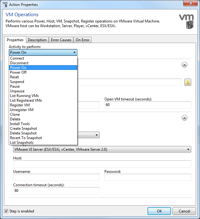 Many Different Activities are Supported in the VMware Operations Action