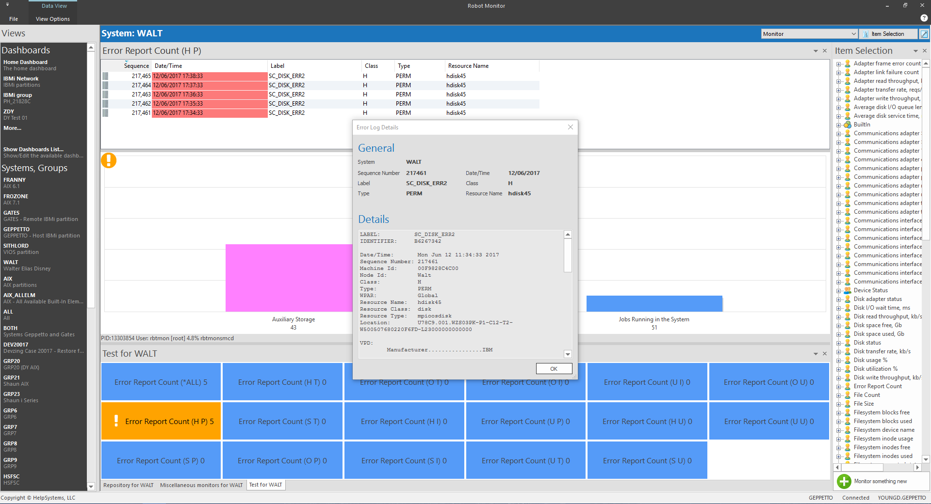 Drill down to the details of the error report log using Robot Monitor