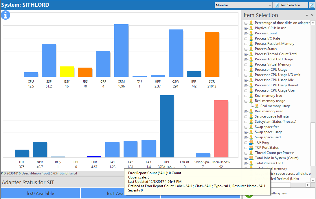 Metrics for VIOS error log, swap space, and real memory utilization added to a graph