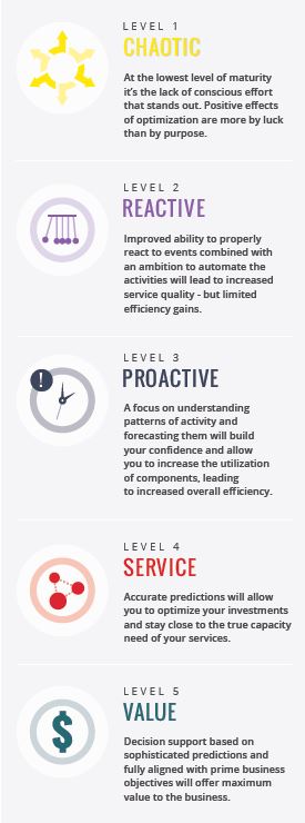IT Service Optimization Maturity: chaotic, reactive, proactive, service & value. Value based IT organizations have decision support based on sophisticated predictions and fully aligned with business objectives will offer maximum value to the business.