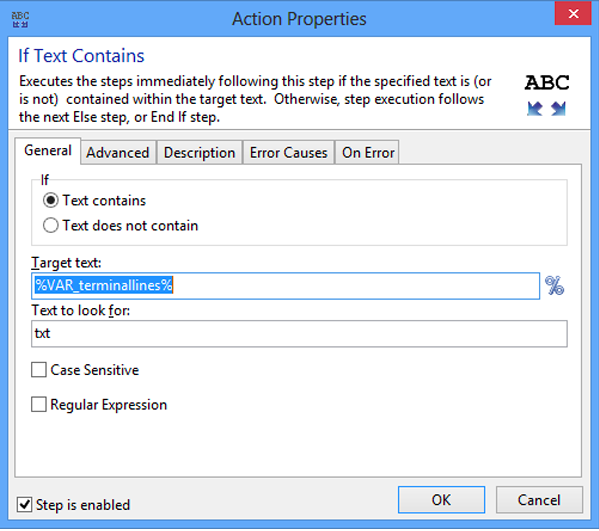 Action Properties Window- If Text Contains