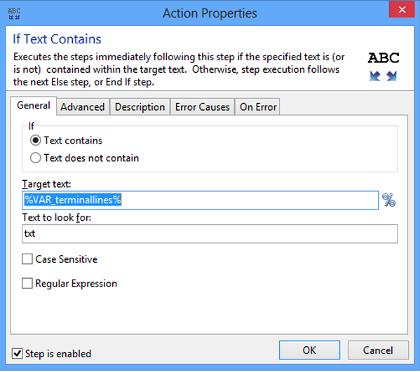Action Properties Window- If Text Contains 