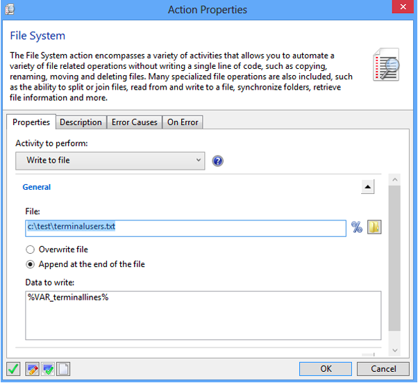 Action Properties Window -File System