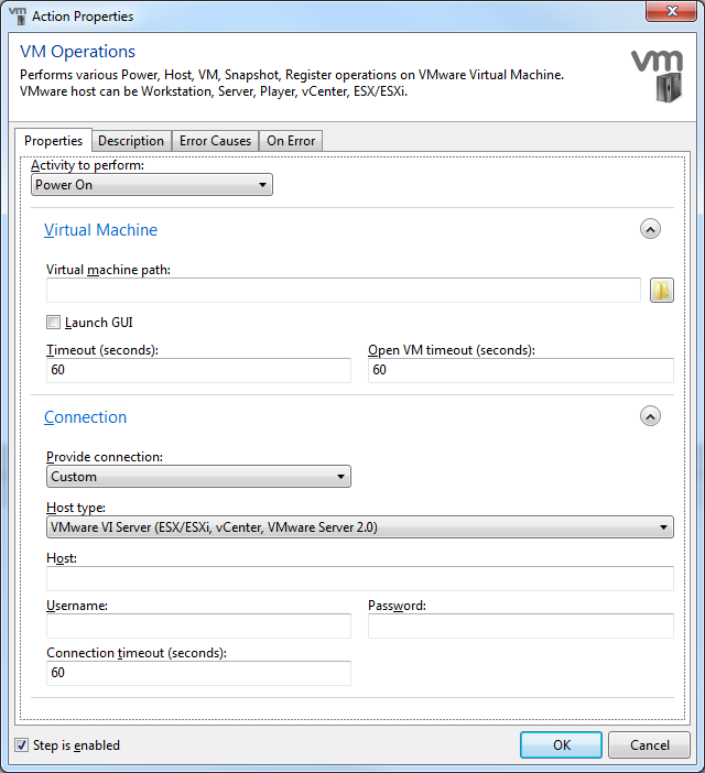 Screenshot shows the VMware Operations action in AutoMate 8