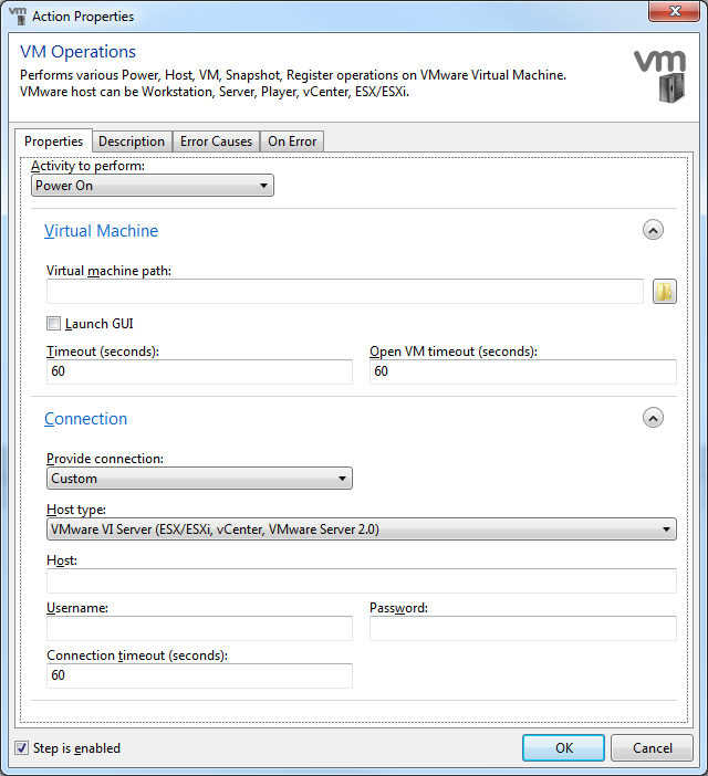 Screenshot shows the VMware Operations action in AutoMate 8 Screenshot shows the VMware Operations action in AutoMate 8