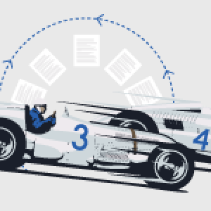 racecars with documents above them