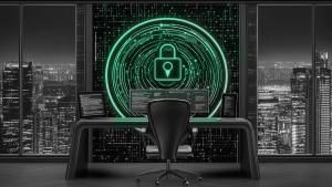 A futuristic office with glowing green cybersecurity icon, multiple monitors, and a city skyline view at night.