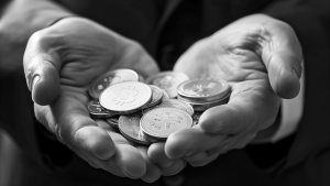 coins in palms of hands