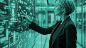 Woman pointing to computer monitor in an office hallway